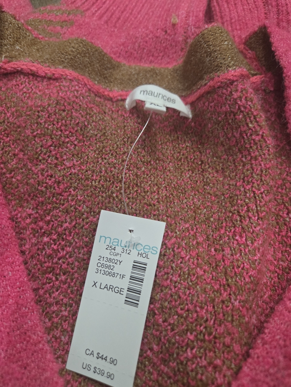 Maurices Pink and Brown Plaid Button-Up V-Neck Cardigan - Picture 3 of 3